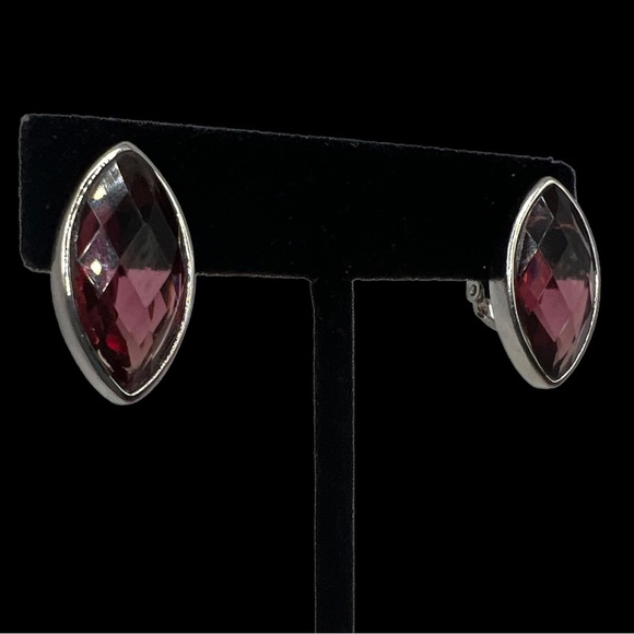 Anne Klein Silver Tone Faceted Maroon Stone Clip On Earrings - Picture 4 of 13